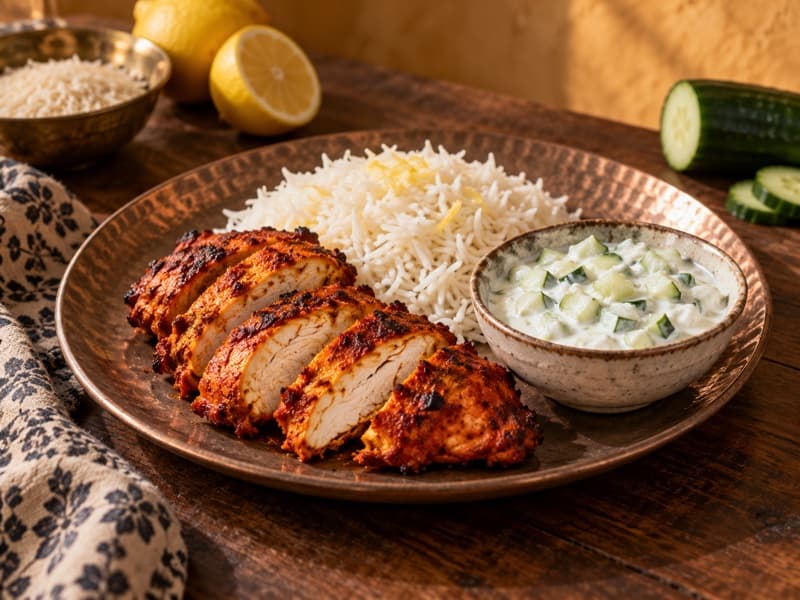 Kurczak tandoori z raitą i ryżem