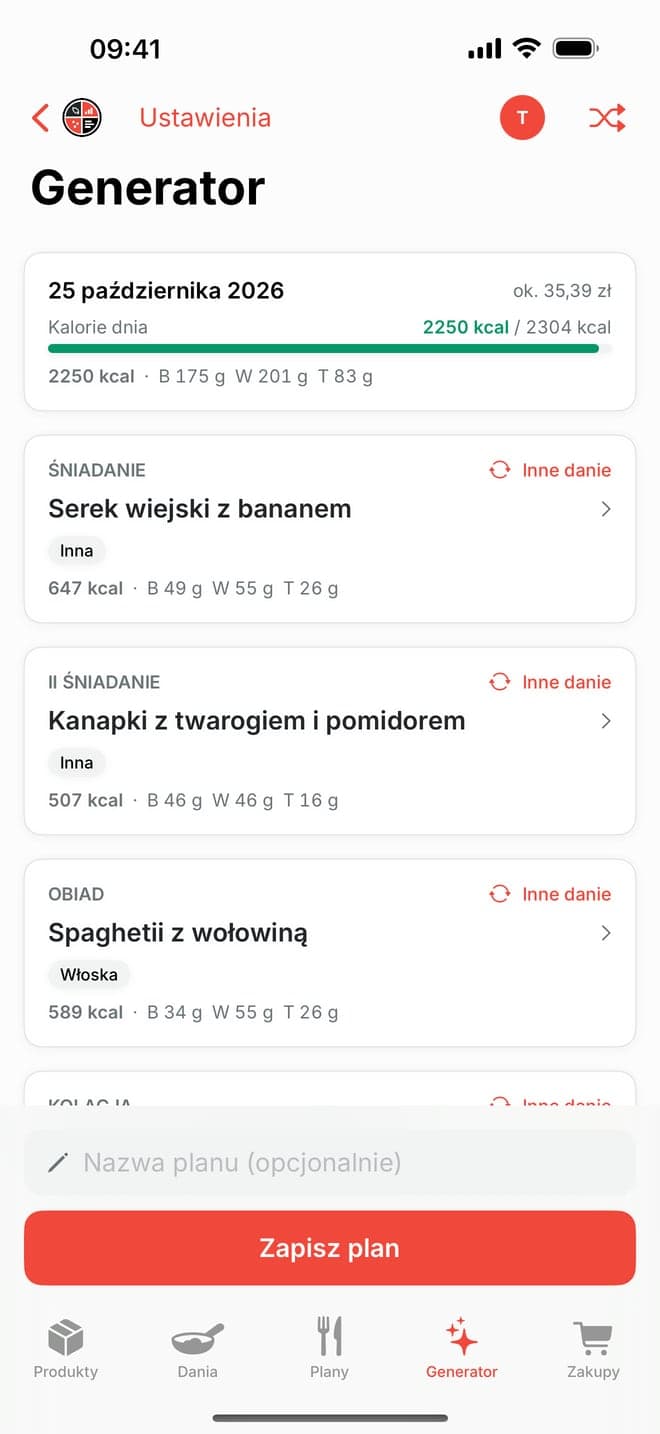 Generator menu w MacroMaster: dzień posiłków z gramaturami