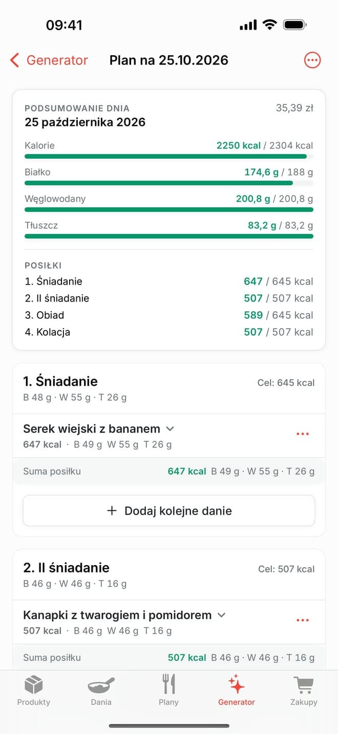 Plan dnia w MacroMaster z podsumowaniem kalorii i makro