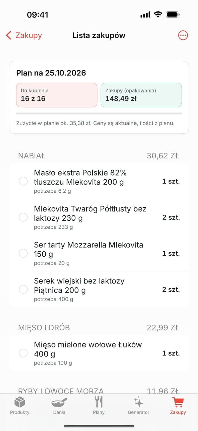 Lista zakupów w MacroMaster z opakowaniami i kosztem