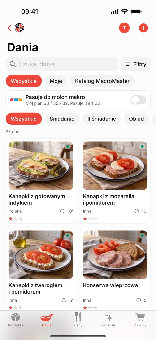 Katalog dań w MacroMaster z filtrami