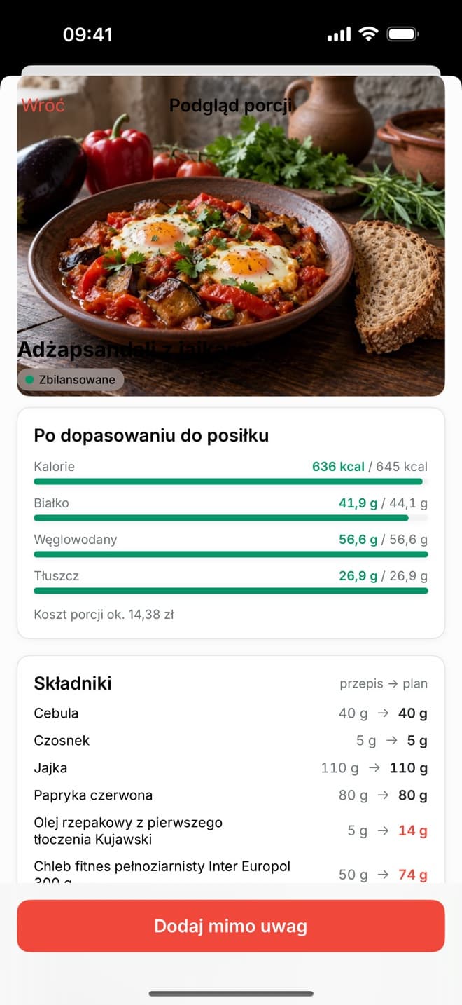 Ekran MacroMaster na iPhone: podgląd porcji adżapsandali z jajkami po dopasowaniu do celu posiłku
