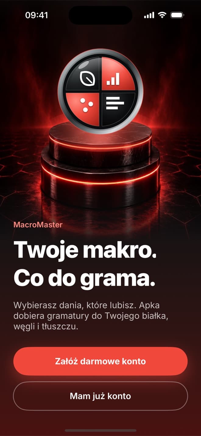 Ekran powitania MacroMaster na iPhonie z przyciskiem Załóż darmowe konto