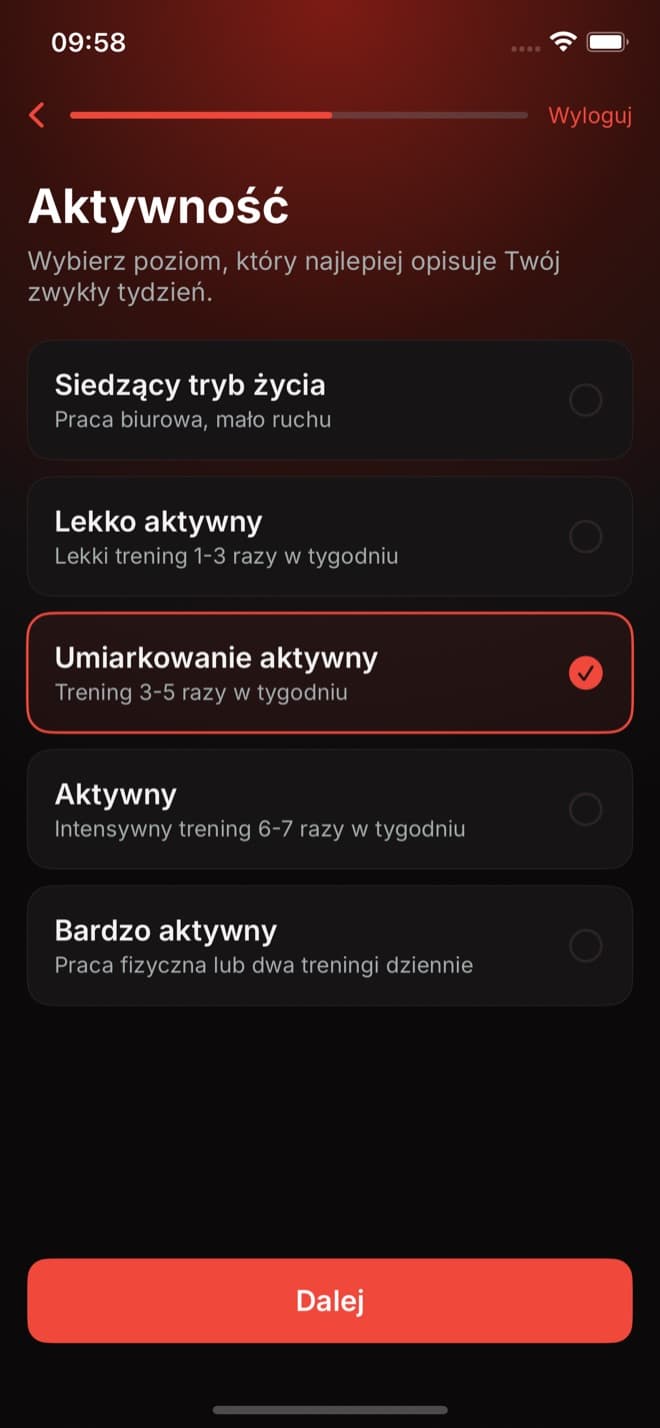 Wybór poziomu aktywności w aplikacji, zaznaczony Umiarkowanie aktywny