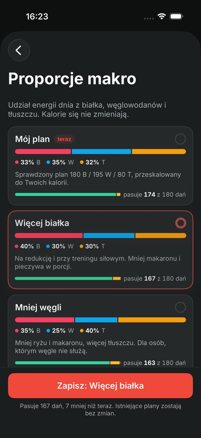 Ekran Proporcje makro z wybranym zestawem Więcej białka
