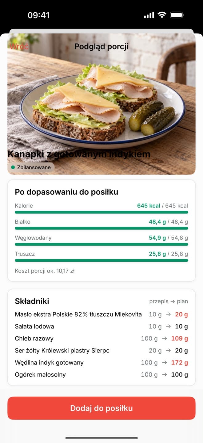 Podgląd porcji: składniki z przepisu i gramatury po dopasowaniu do posiłku