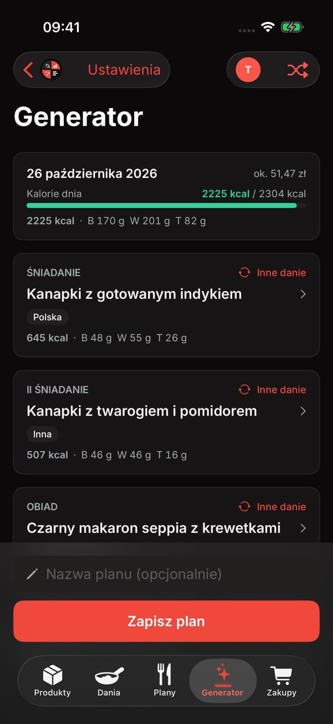 Generator z ułożonym menu na dzień i przyciskami Inne danie