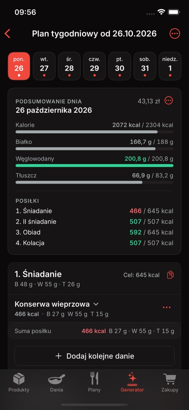 Plan tygodniowy na iPhonie: dni tygodnia, podsumowanie dnia i posiłki