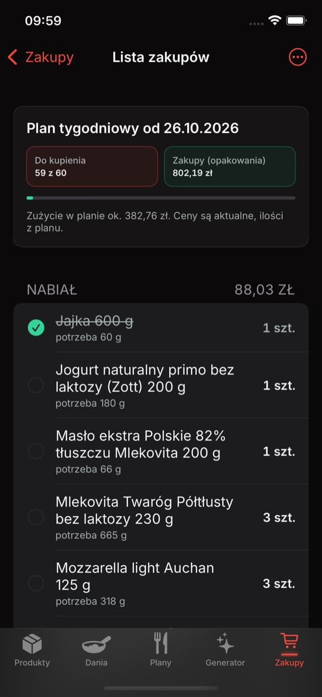 Lista zakupów z planu tygodnia: działy sklepu, opakowania i koszt