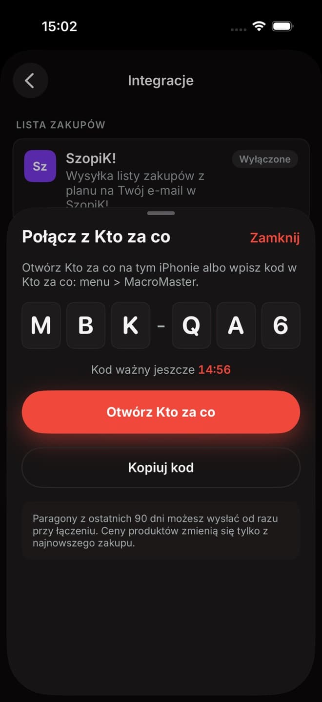 Kod łączenia z Kto za co w ustawieniach integracji