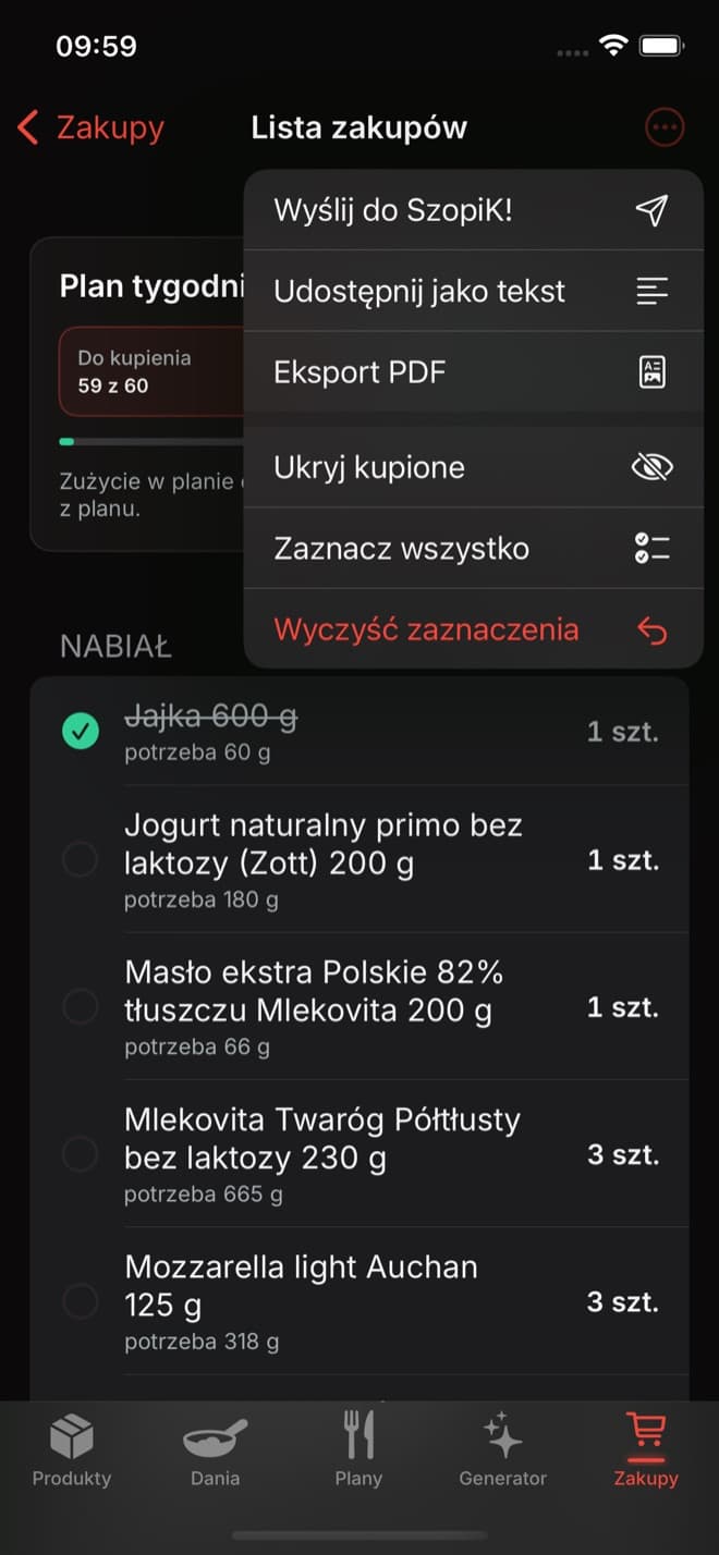 Menu listy zakupów z pozycją Wyślij do SzopiK!